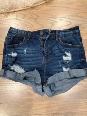 Women’s Dark Blue Distressed Rolled Cuff Denim Shorts